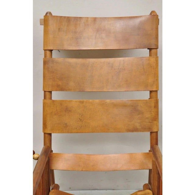 Campaign Mid 20th Century Costa Rican Campaign Style Teak Brown Leather Folding Rocker Rocking Chair For Sale - Image 3 of 12