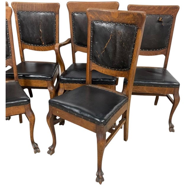 Early 1900’s Stomps-Burkhardt Co, American Edwardian-Era /Tiger Oak / Leather Upholstery Dinning Chair Set of 6 Includes a...