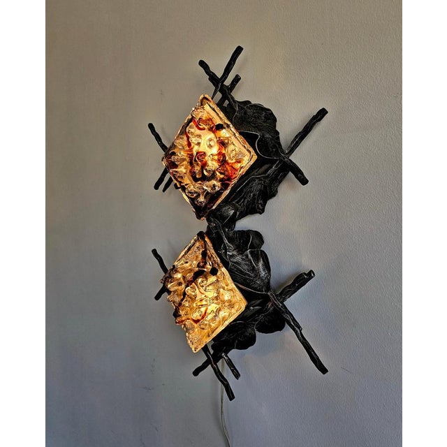 Poliarte Brutalist Sconces in Wrought Iron and Murano Glass attributed to Poliarte, 1970s, Set of 2 For Sale - Image 4 of 12