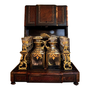19th Century French Napoleon III Marquetry Cave À Liqueur / Liquor Tantalus With Gilt Crystal Decanters