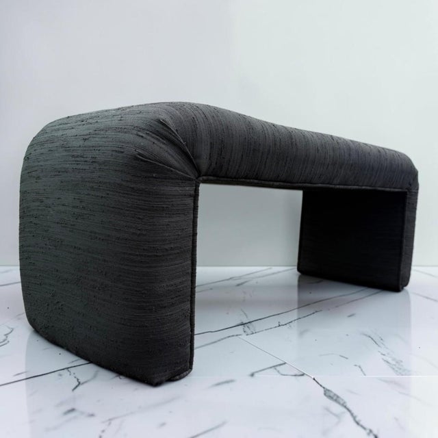 Wood Vintage Sculptural Black Upholstered Waterfall Bench For Sale - Image 7 of 10