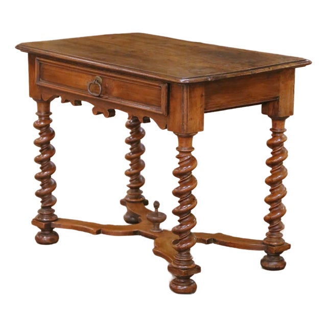 18th C. French Louis XIII Walnut Table Desk With Barley Twist Legs and Drawer For Sale