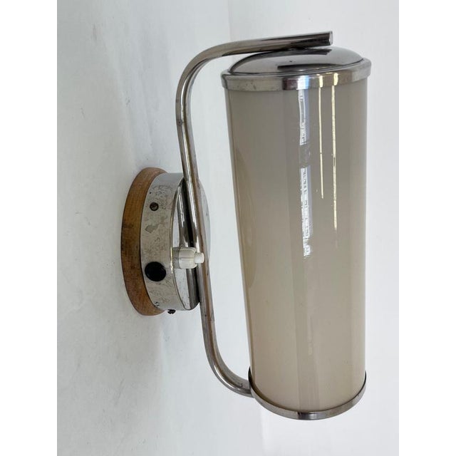 Brown Bauhaus Chrome and Milk Glass Wall Lamp, Former Czechoslovakia, 1940s For Sale - Image 8 of 9