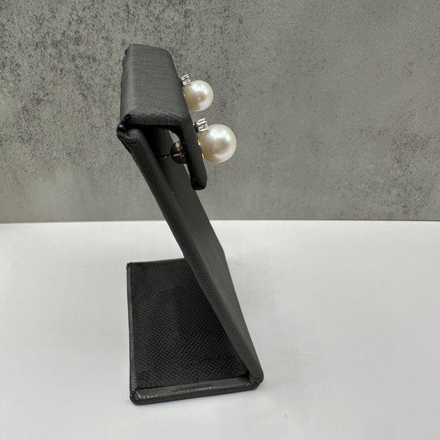Contemporary Pearl and Diamond Stud Earrings in 14kt White Gold – 9mm Round Pearls, New, A Pair For Sale - Image 3 of 5