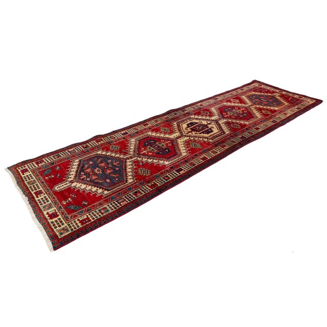 Tribal Vintage Hand-Knotted Turkish Wool Runner Rug With Geometric Tribal Medallions in Crimson, Indigo, and Cream For Sale - Image 3 of 9