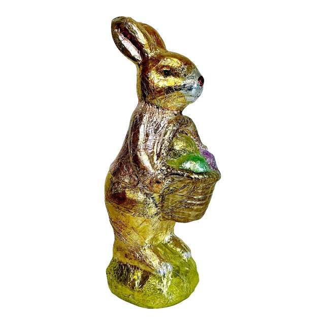 1990s Vintage Shabby Chic Foil Covered Plaster Faux Chocolate Bunny Figurine - Easter. For Sale