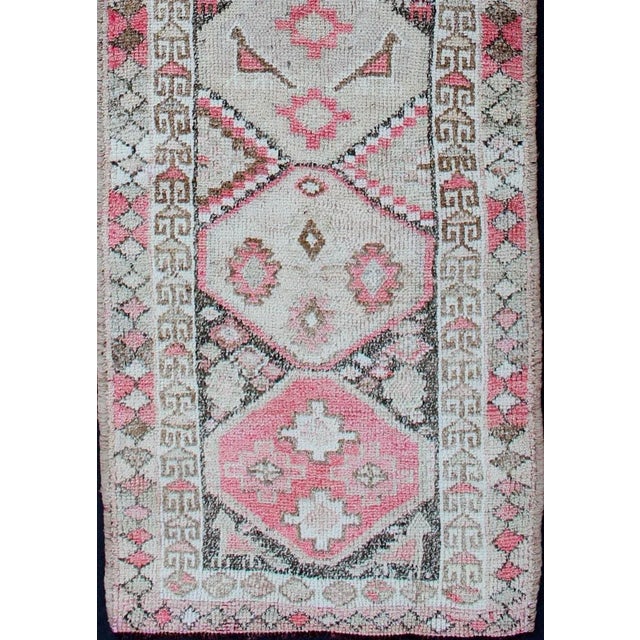Tribal Vintage Turkish Oushak Runner With Geometric Design in Charcoal, Pink, and Cream For Sale - Image 3 of 13