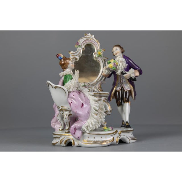 German Rococo Porcelain Figurine Couple at a Dressing Table, 1950s For Sale - Image 15 of 18