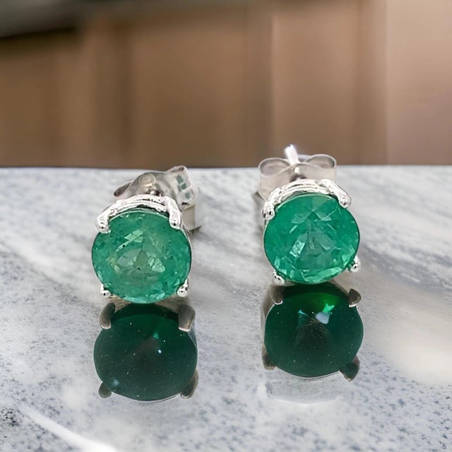Green Natural Emerald Stud Earrings 14k White Gold 1.93 Carats Certified For Sale - Image 8 of 11