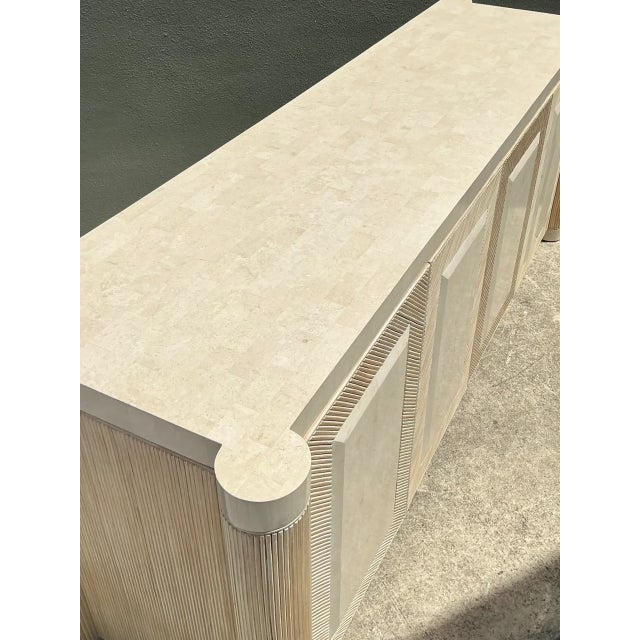 Ecru Vintage Washed Pencil Reed Credenza With Travertine Top For Sale - Image 8 of 12