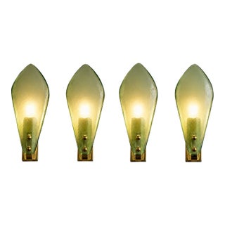 Modern Italian Sanded Green Leaf Murano Glass Wall Sconces, 4-Piece Set For Sale
