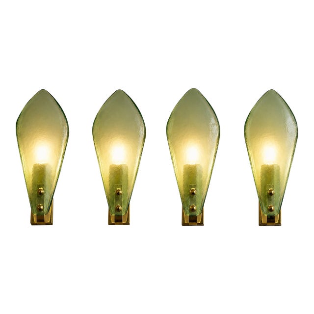Modern Italian Sanded Green Leaf Murano Glass Wall Sconces, 4-Piece Set For Sale
