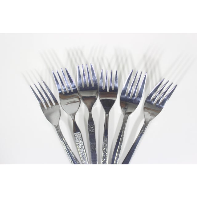 Mid-Century Modern Curated Set of 6 Mid Century Modern Stainless Steel Salad or Dessert Forks, Mismatched Vintage Table Setting, Six Fork, MCM Black Background For Sale - Image 3 of 9