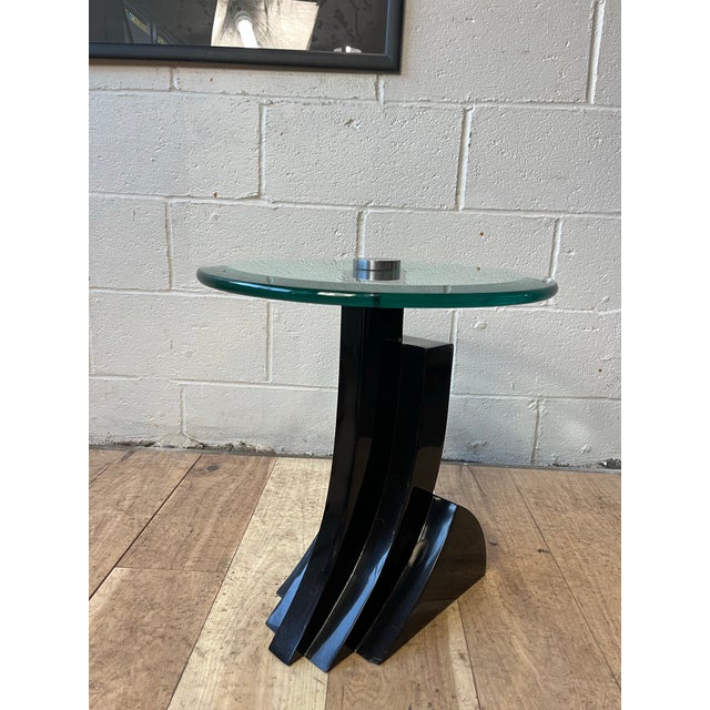 Karl Springer Karl Springer Style Black Lacquer Pedestal Side Table With Glass Top For Sale - Image 4 of 11