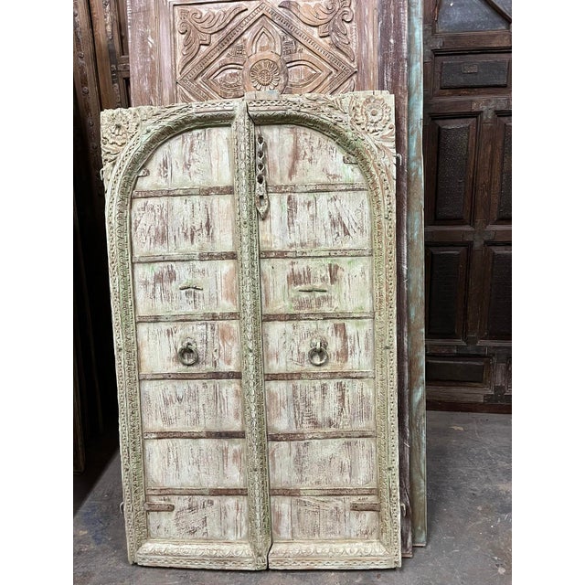 Mid-Century Modern Antique Indian Jharokha Terrace Window | Distressed Green Hand-Carved Wall Decor 62x37 For Sale - Image 3 of 6