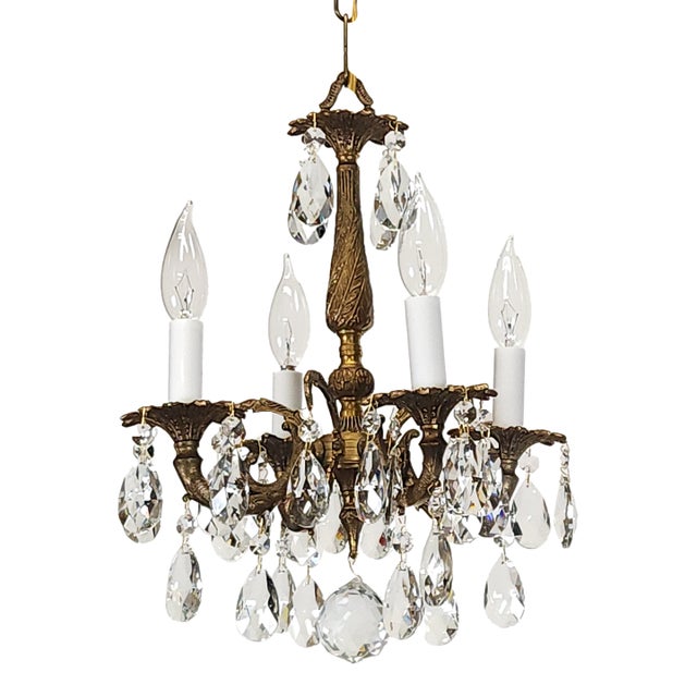 Antique 4 Arm 4 Light Glowing Graceful Brass Cut Lead Glass Crystal Chandelier For Sale