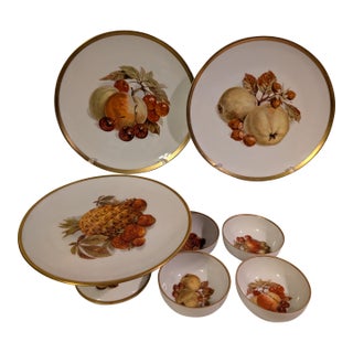 Vintage German Porcelain Harvest Fruit Plates, Pedestal Stand & Nut Bowls - Set of 7 For Sale