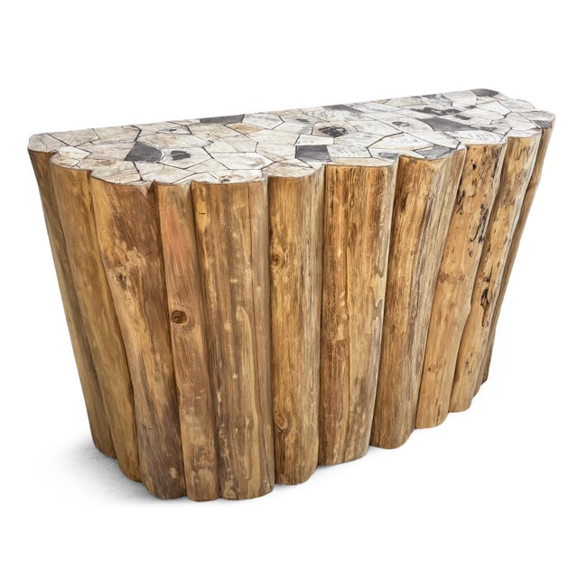 2020s Petrified Wood Top Organic Teak Console Table For Sale - Image 5 of 14