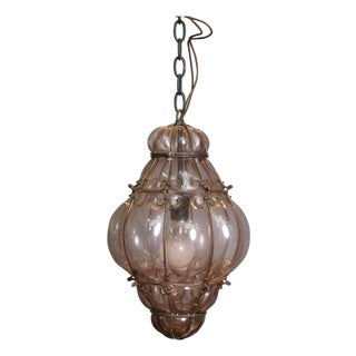 Mid 20th Century Mid Century Modern Italian Venitian Murano Caged Glass Swag Lantern Pendant Light 15" For Sale
