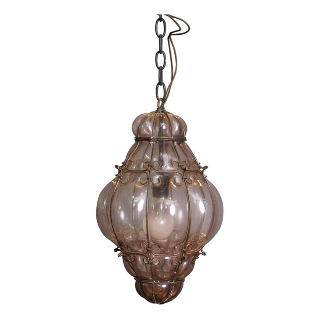 Mid 20th Century Mid Century Modern Italian Venitian Murano Caged Glass Swag Lantern Pendant Light 15" For Sale