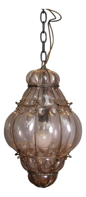Mid 20th Century Mid Century Modern Italian Venitian Murano Caged Glass Swag Lantern Pendant Light 15"