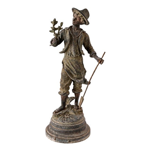 Antique French Louis Guillemin Signed Spelter “Jardinier” Sculpture For Sale
