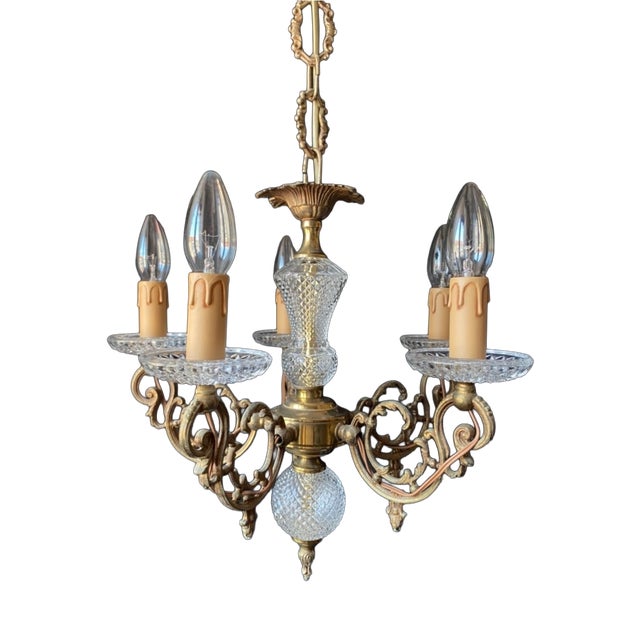 Vintage French Chandelier in Brass and Glass, 1960s For Sale