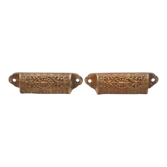 Pair of Antique Victorian 3.75 In. Bronze Drawer Bin Pulls For Sale
