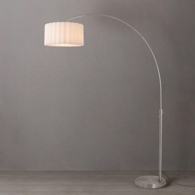 Mid-Century Modern 1960s Scallop 92" Arc Floor Lamp - Satin Nickel Finish, White Linen Shade, Modern Design For Sale - Image 3 of 4