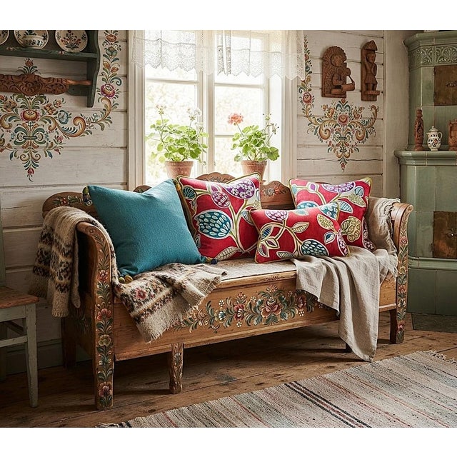 Textile Vibrant Cottagecore Charm: Hana Chess in Ruby + Romo Miro in Beijing Blue + Down-Feather Filled Pillows = a Set of 4 For Sale - Image 7 of 17