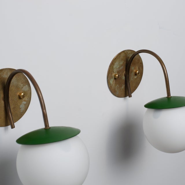 Vintage Italian Brass Wall Lamps with Green Details and Opaline Globes, 1950s, Set of 2 For Sale - Image 12 of 15