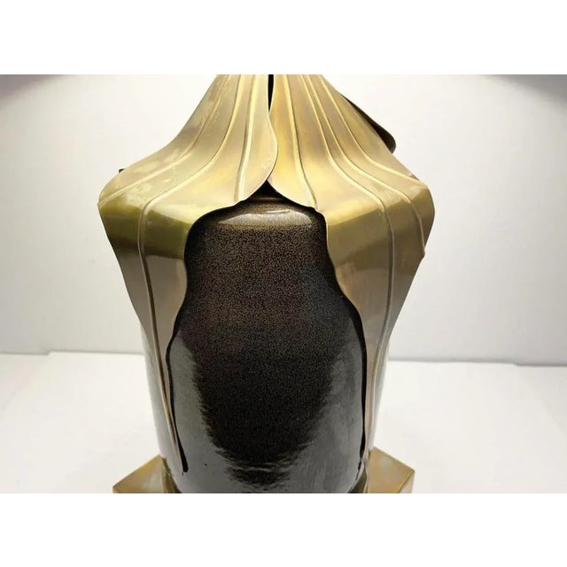 Gorgeous 1960s/70s oversize glazed ceramic cylinder lamp in a rich speckled chocolate brown topped by four organic...