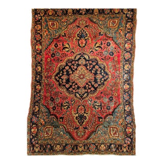 Vintage Persian Sarouk Area Rug, Handwoven Floral Design, Red & Turquoise, 4’ X 5’ For Sale
