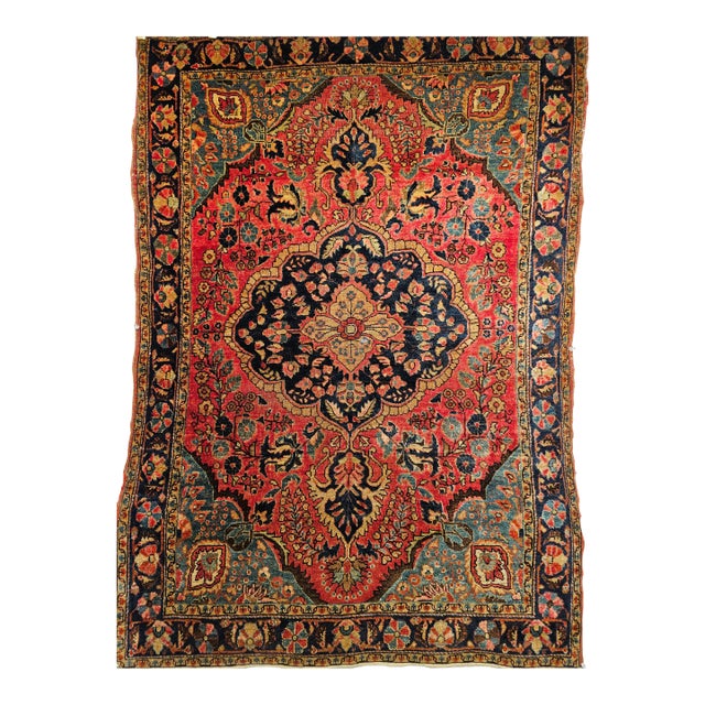 Vintage Persian Sarouk Area Rug, Handwoven Floral Design, Red & Turquoise, 4’ X 5’ For Sale