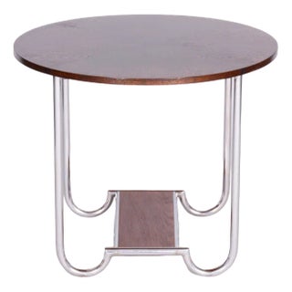 Small Bauhaus Round Oak & Chrome-Plated Steel Side Table, Czechia, 1930s For Sale