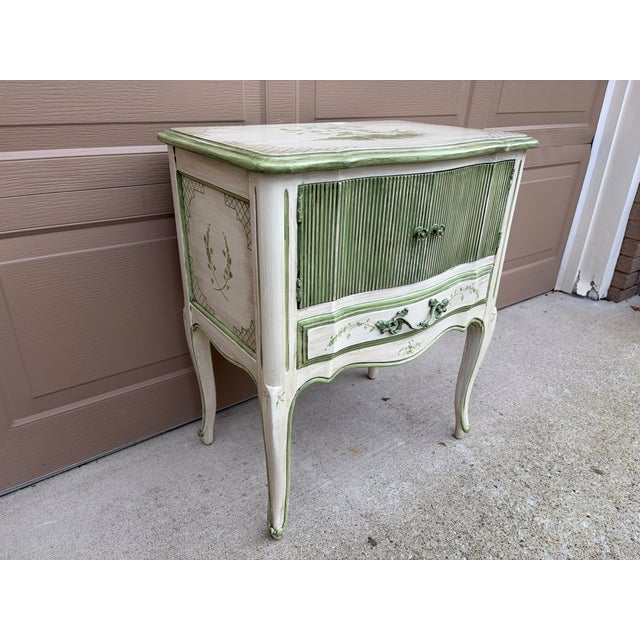 Cream Vintage French Provincial Cream & Sage Green Painted Nightstand With Botanical Decoration For Sale - Image 8 of 14