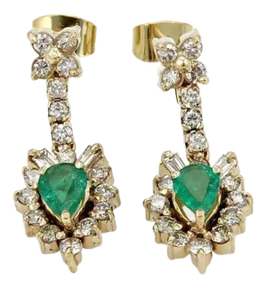 Diamond & Emerald 18k Yellow Gold Floral Dangle Earrings - 2 Pieces