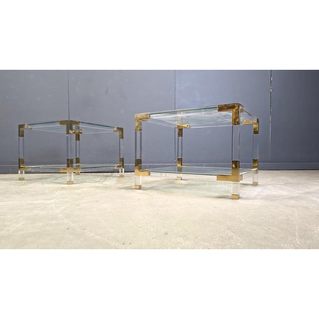 Metal Vintage Acrylic Glass and Brass Side Tables, 1980s, Set of 2 For Sale - Image 7 of 11
