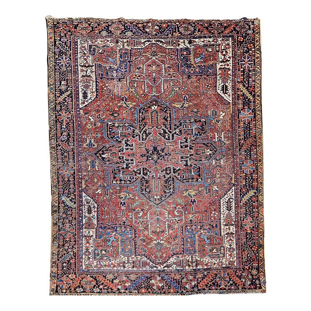 Antique Heriz Karajah Rug, Hand-Knotted Wool, Geometric Medallion Pattern, Brick-Red & Navy, 9x12 For Sale