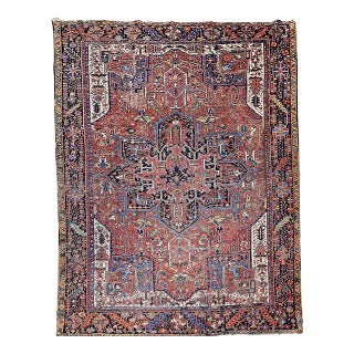 Antique Persian Heriz Karajah Rug, Hand-Knotted Wool, Geometric Medallion Pattern, Brick-Red & Navy, 9x12 For Sale