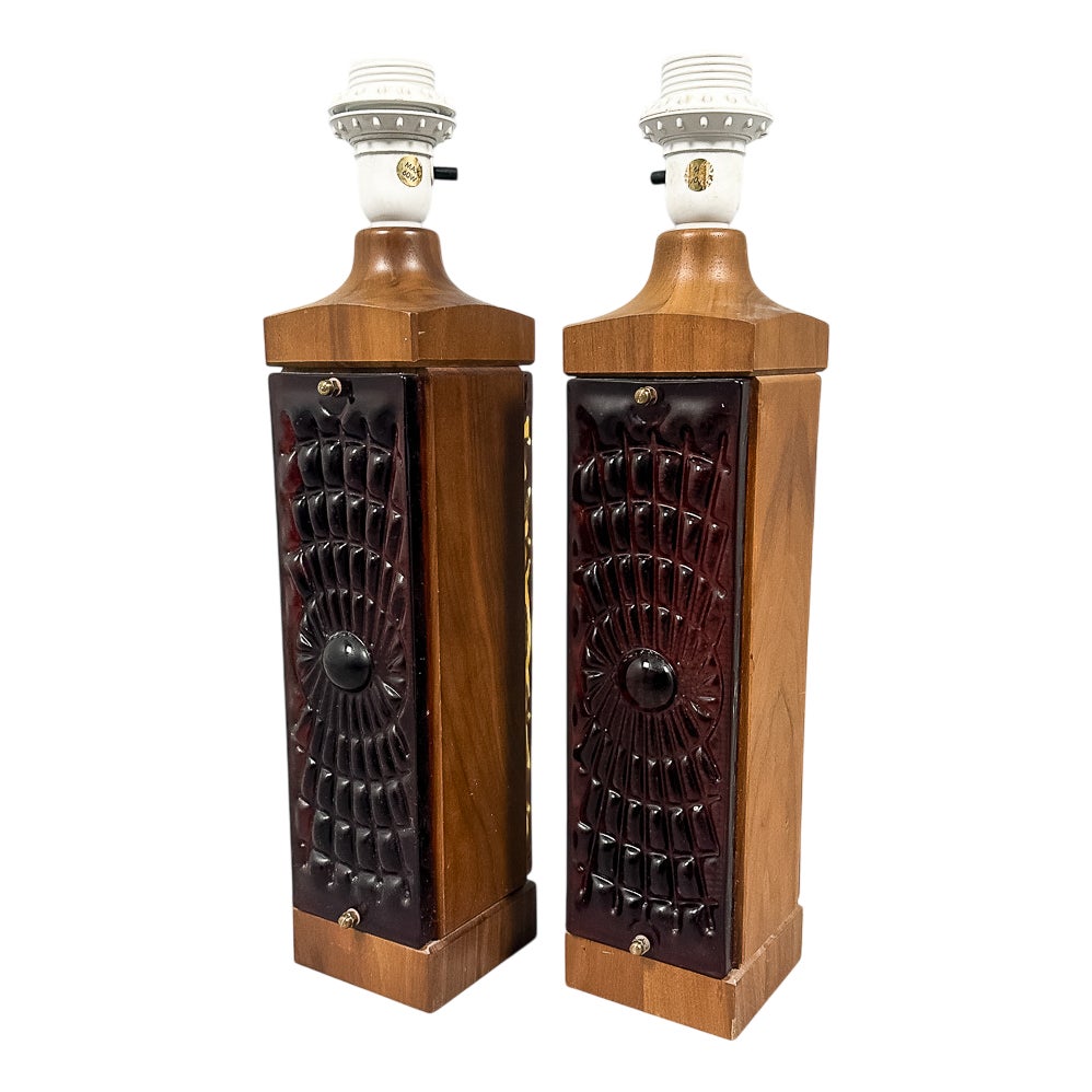 Table Lamps in Amber Red Cast Glass and Teak, Denmark, 1970s, Set of 2 ...
