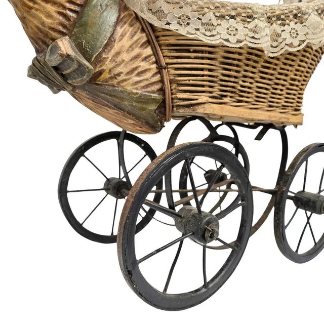 Antique American Wicker & Composition Rabbit-Form Figural Doll Carriage With Original Lining For Sale In West Palm - Image 6 of 13