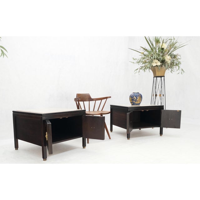 Mid-Century Modern Square Marble Top 2 Door Nightstands End Tables Large Decorative Pulls - A Pair For Sale - Image 3 of 12