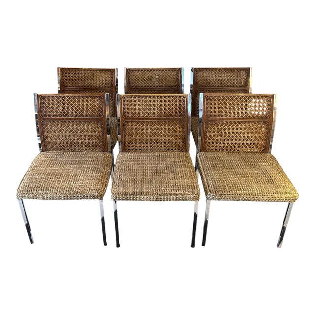 1960s Mid-Century Modern Faux Cane and Chrome Howell Dining Chairs - Set of 6 For Sale