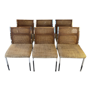 1960s Mid-Century Modern Faux Cane and Chrome Howell Dining Chairs - Set of 6