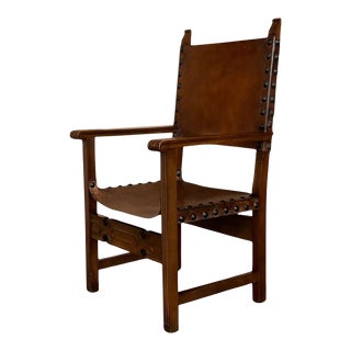 19th Century Spanish Colonial Altar Carved Armchair With Leather Seat and Back For Sale