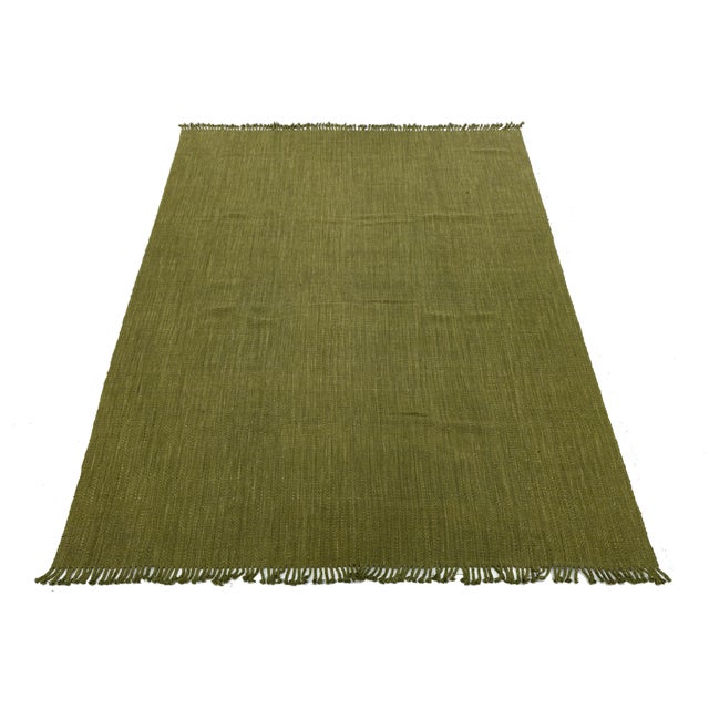 Modern Solid Olive Green Kilim Area Rug – Handmade Flatweave Wool 10x16 For Sale - Image 4 of 11