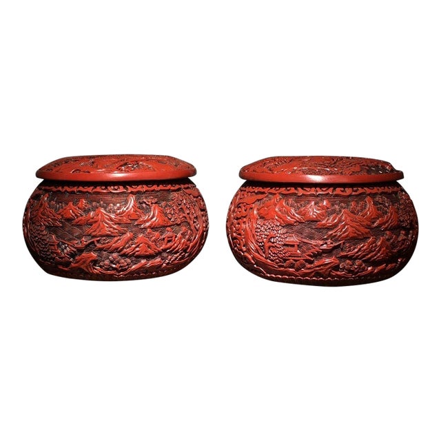Pair of Vintage Cinnabar Carved Lacquer Landscape Jars For Sale