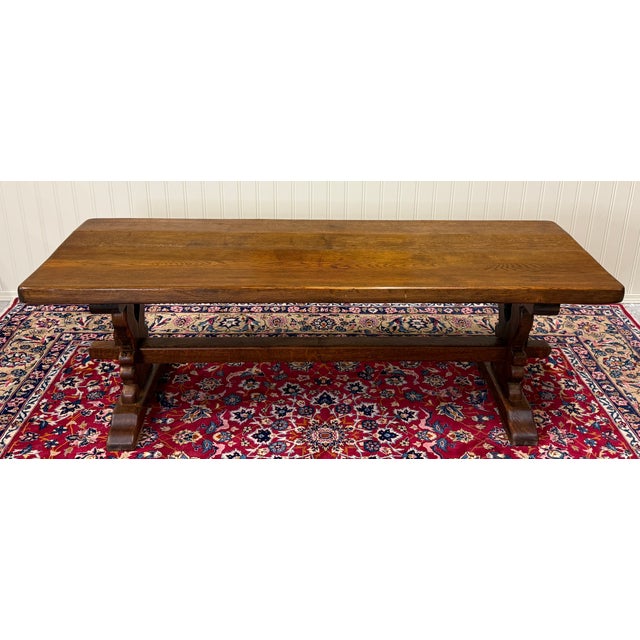 Antique French Country Farm Dining Table Farmhouse Trestle Base Oak 87"w For Sale - Image 9 of 17