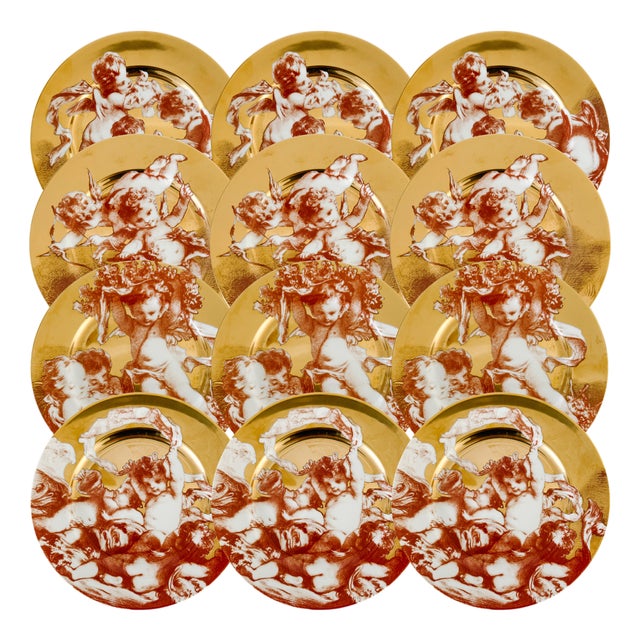 1990s Rare Complete Set of Fitz and Floyd "Cherubini" Gold Gilt & Sanguine Plates - Set of 12 For Sale